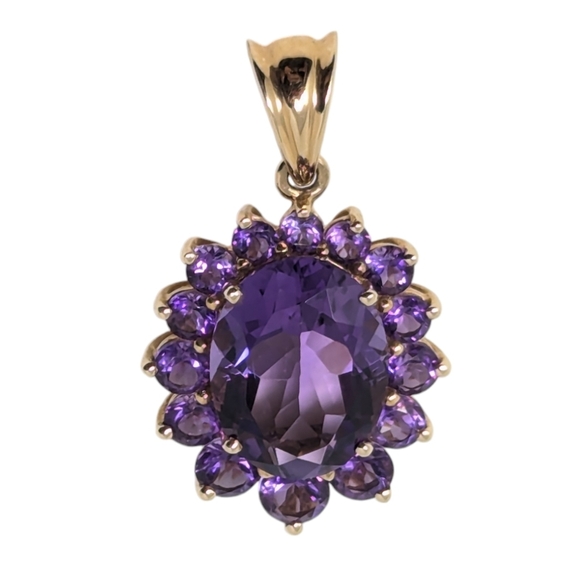 14kt Vintage Solid Yellow Gold Amethyst Oval Round Cluster Pendant - Picture 7 of 11